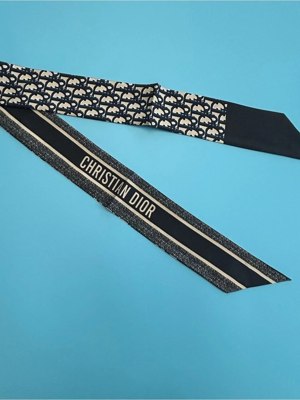 Dior Navy and Cream Logo Skinny Silk Scarf-Tie